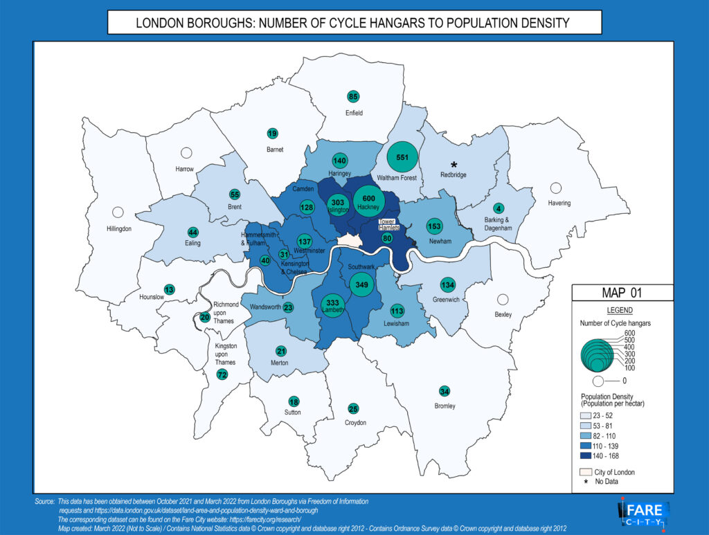 The image is a map of London, showing each London borough's population density to its level of cycle hangar provision. The boroughs are outlined in black and vary in colour, from white to dark blue depending on their level of density. Blue dots show the level of cycle hangar provision and increase in size the greater the number of hangars for each borough. The map has a legend in the bottom right hand corner and is framed by a blue border with the title 'London Boroughs: number of cycle hangars to population density' and the Fare City logo.