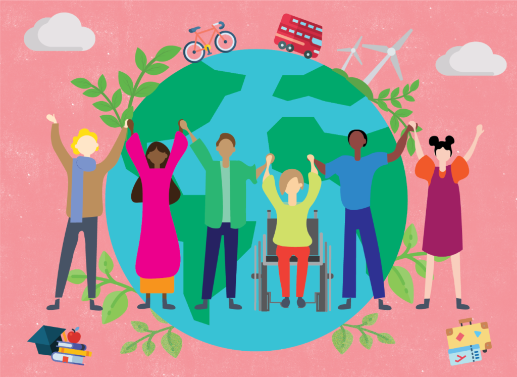 A colourful illustration of a diverse group of young people excited about green transport.