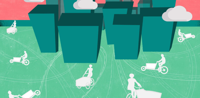 A conceptual illustration of a city full of people using cargo bikes.