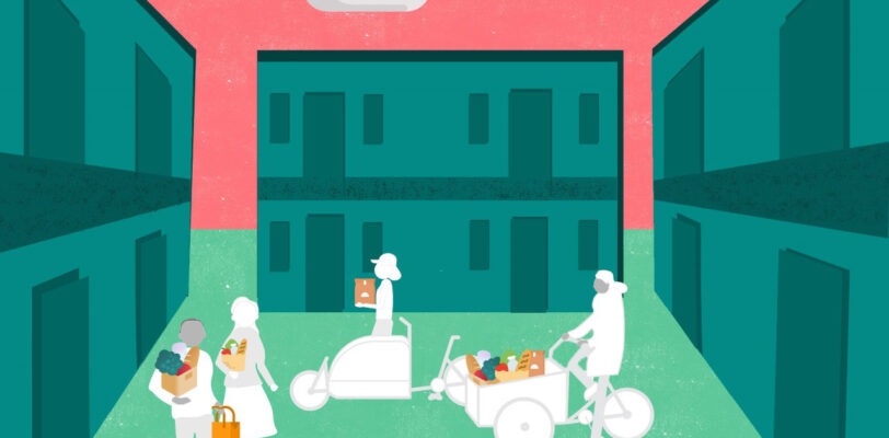 A conceptual illustration of people borrowing cargo bikes to take home their weekly shop.