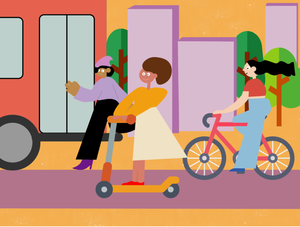 A colourful illustration of three young people who are catching a bus, riding a scooter and cycling.