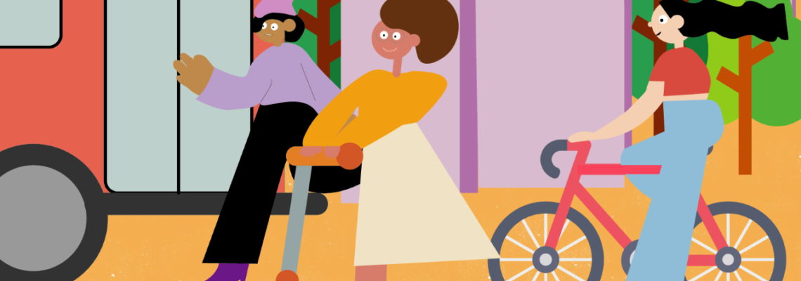A colourful illustration of three young people who are catching a bus, riding a scooter and cycling.