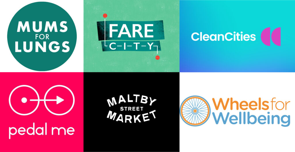 The image shows the logos of six organisations who will pilot a cleaner air market at Maltby Street in London. The project team comprises a mix of sustainable transport and clean air organisations including (from top left to bottom right); Mums for Lungs, Fare City, Clean Cities Campaign, Pedal Me, Maltby Street Market and Wheels for Wellbeing