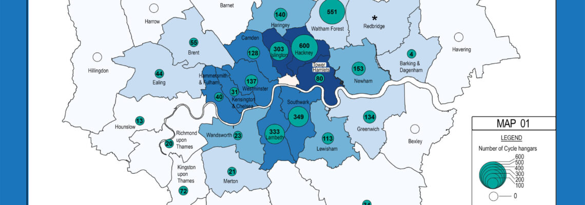 Preview of a map from the report (page 10) showing the number of cycle hangars to population density in London Boroughs.