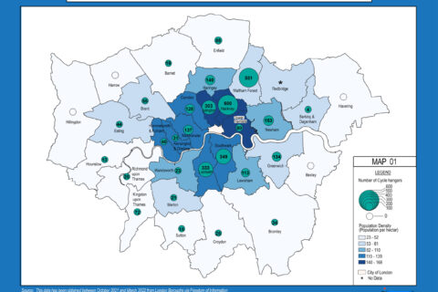Preview of a map from the report (page 10) showing the number of cycle hangars to population density in London Boroughs.